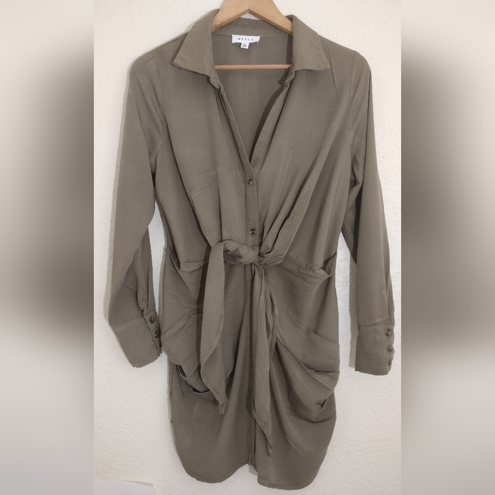 MABLE Button Down Ruched Tie Front Dress